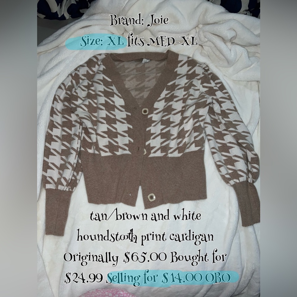Tan/brown and white houndstooth print cardigan